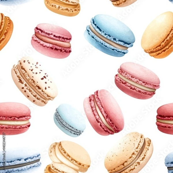 Obraz Dessert seamless pastry minimal style. A colorful pattern of macarons in various shades, showcasing their delicate textures and sweet appeal.