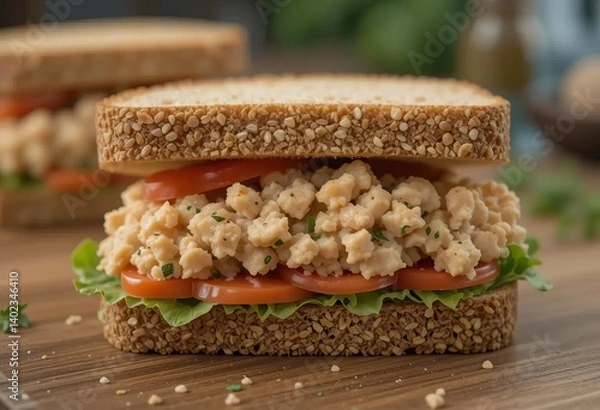 Obraz A close-up of an open sandwich with whole grain bread and canned tuna