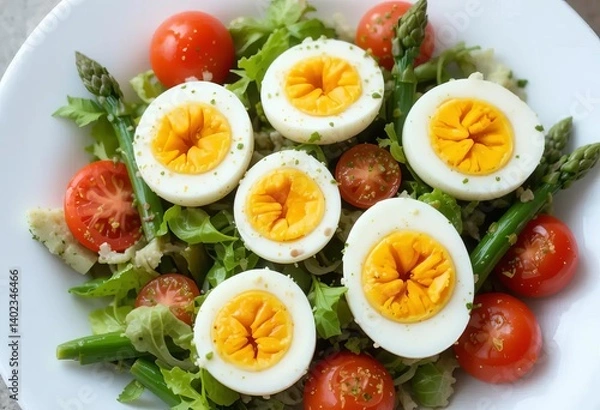 Obraz A video clip of a fresh spring salad with boiled eggs, asparagus, and tomatoes