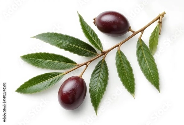 Obraz A plate of Kalamata olives with olive leaves and branches as garnish