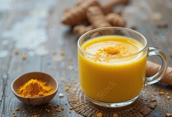 Obraz A golden milk latte with turmeric and spices, served in a white cup against a dark wooden background
