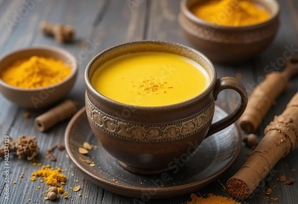 Obraz A golden milk latte with turmeric and spices, served in a white cup against a dark wooden background