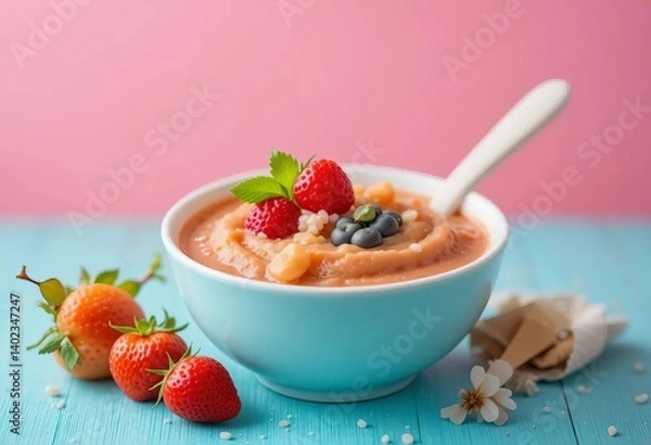 Obraz A baby's plastic bowl filled with a colorful and healthy puree of vegetables and fruit.