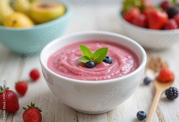 Obraz A baby's plastic bowl filled with a colorful and healthy puree of vegetables and fruit.