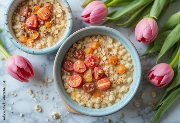 Obraz Two bowls of oatmeal porridge with tulips in the background, representing a cozy and cheerful breakfast scene.