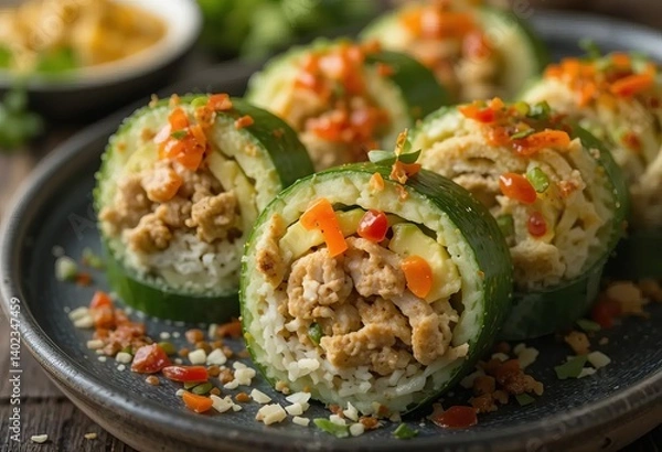 Obraz Two photos of different types of sushi rolls