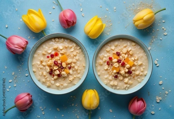 Obraz Two bowls of oatmeal porridge with tulips in the background, representing a cozy and cheerful breakfast scene.