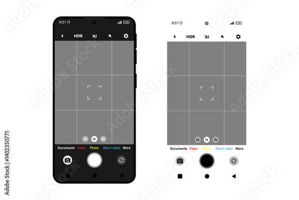 Obraz Camera interface in phone screen. Photo, video ui in cellphone. App for record from mobile cam. Viewfinder, grid, focus, button and rec. Smartphone mockup for photography, selfie and video. Vector.