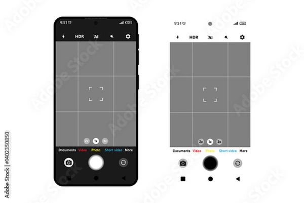 Obraz Camera interface in phone screen. Photo, video ui in cellphone. App for record from mobile cam. Viewfinder, grid, focus, button and rec. Smartphone mockup for photography, selfie and video. Vector.
