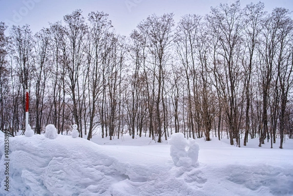 Fototapeta Snow falling in furano sapporo with hand craft snowman and many white snow and dry tree.