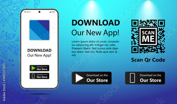 Obraz Download our app for mobile phone. Advertising banner for downloading mobile app. Mockup smartphone with empty screen for your app. Vector illustration