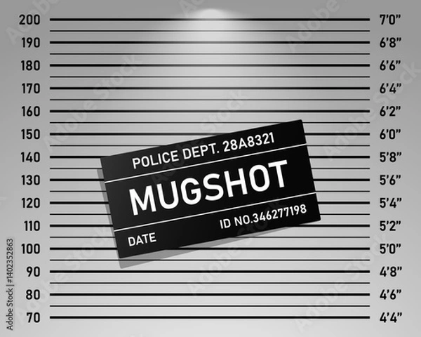 Obraz Police mugshot template. Vector background set of police lineup (centimeter scale and inch unit) or mugshot board with text signs for criminals photo. Criminal height wall. Identification frame