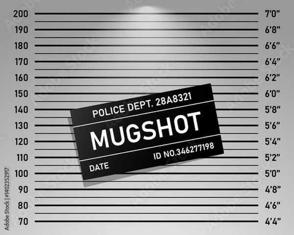 Obraz Police mugshot template. Vector background set of police lineup (centimeter scale and inch unit) or mugshot board with text signs for criminals photo. Criminal height wall. Identification frame