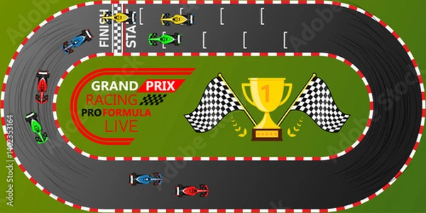 Obraz Circuit finish line racing background top view illustration. Grand Prix Trophy Flags Kart Car racing on an asphalt road. Vector