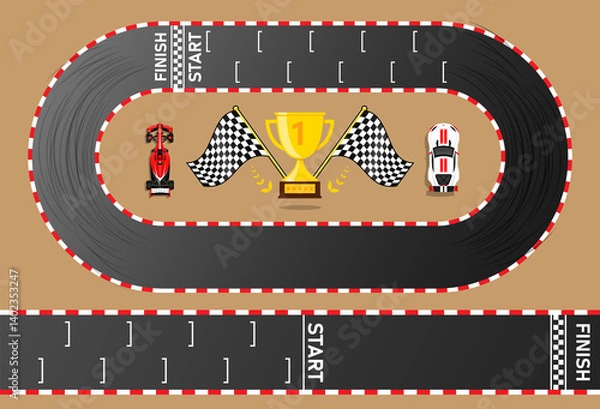 Obraz Racing track, top view of asphalt roads set, kart race with start and finish line. Vector illustration.