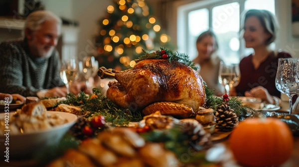 Fototapeta Family and Friends Gather at Home for a Traditional Christmas Dinner with a Turkey Roast. Living Room is Crowded with Senior and Young Adults Enjoying, Generative AI