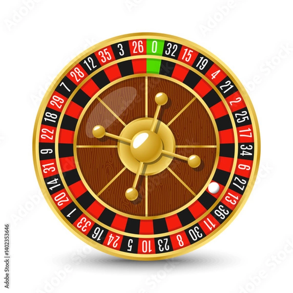 Obraz Golden casino roulette wheel with numbers and cells on white background with golden light, rays, glare, sparkles. Vector illustration for casino, game design, advertising