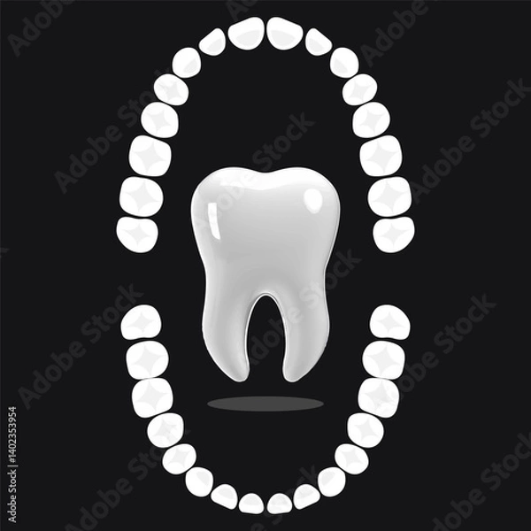 Obraz Tooth white, 3D illustration of a tooth and full mouth illustration