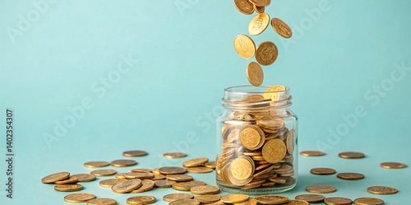 Fototapeta glass jar, transparent container, falling coins, money, financial savings, coin stack, wealth accumulation, financial concept, mint green background, minimalist composition