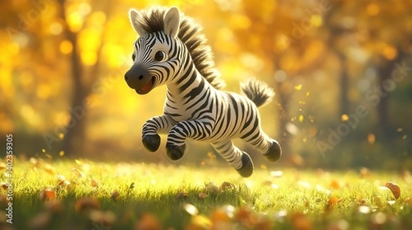 Obraz Playful Zebra Foal Leaps in Autumn Sunlight