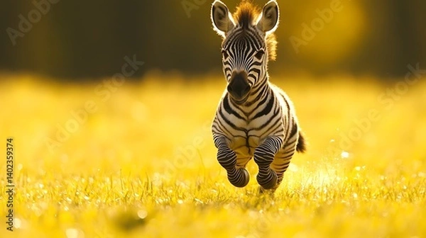 Obraz Baby Zebra Foal Running in Golden Field