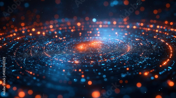 Obraz Digital Cosmos: A captivating visual representation of a data universe, awash in an array of luminous blue and orange particles, symbolizing the intricate connectivity of technology.