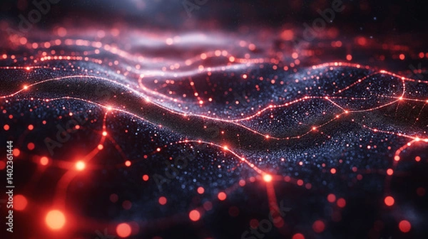 Fototapeta Digital Flow: A captivating visualization of data streams in a luminous display. A mesmerizing portrayal of interconnected network. Red lights connect with wave-like and particle effects.