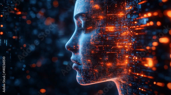 Obraz Digital Mind: A mesmerizing depiction of a woman, seamlessly interwoven with the intricate web of digital data, exploring the interplay of humanity and technology.