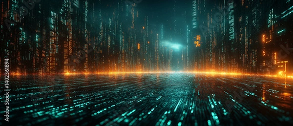 Fototapeta Digital Cityscape: A mesmerizing digital cityscape, composed of shimmering lines of code and vibrant neon hues, creates a futuristic and abstract representation of a virtual world.