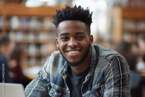 Fototapeta Portrait of young Black male student sitting in university library at table with a laptop computer ad smiling at camera, Generative AI