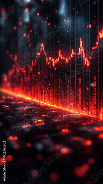 Obraz Red Data Line: An abstract representation of data and technology, showcasing a glowing red line that pulsates with life. This graphic evokes a sense of energy, dynamism, and the rapid pace of change.