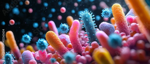 Obraz Microbial Universe: A vibrant, colorful illustration depicting a diverse array of microscopic organisms, bacteria, and viruses, illustrating the complexity and beauty of the microbial world.
