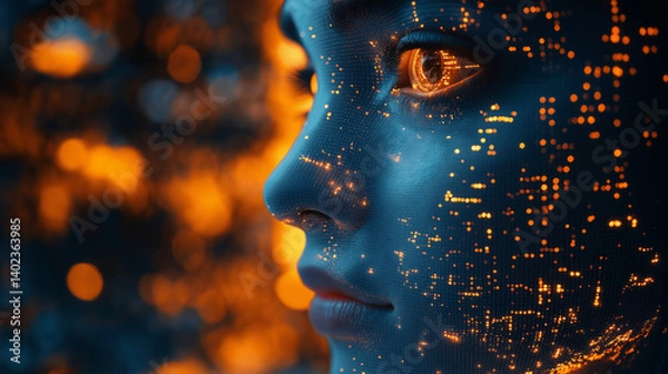 Fototapeta Digital Being: A mesmerizing portrait of a person's face adorned with intricate glowing circuits, symbolizing the fusion of humanity and technology against a backdrop of warm, vibrant bokeh.