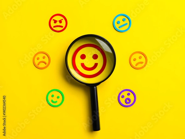 Fototapeta Customer review satisfaction feedback survey concept to gather insights and improve its services. A magnifying glass focuses on smile face among different feedback emoticons on yellow background