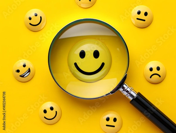 Fototapeta Customer review satisfaction feedback survey concept to gather insights and improve its services. A magnifying glass focuses on smile face among different feedback emoticons on yellow background