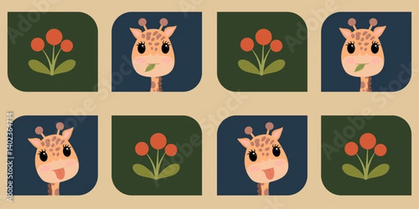 Obraz Cute cartoon giraffe heads with spots and small horns, some with tongues out, alternating with stylized orange flowers and green leaves on a beige background. Seamless pattern.