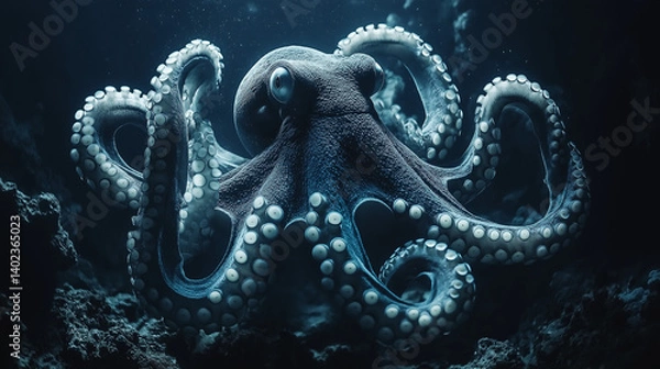 Fototapeta Octopus in the Depths: A mesmerizing close-up of an octopus in its natural habitat, the deep blue ocean, with its mesmerizing eyes and tentacles. Its captivating presence evokes intrigue and wonder.