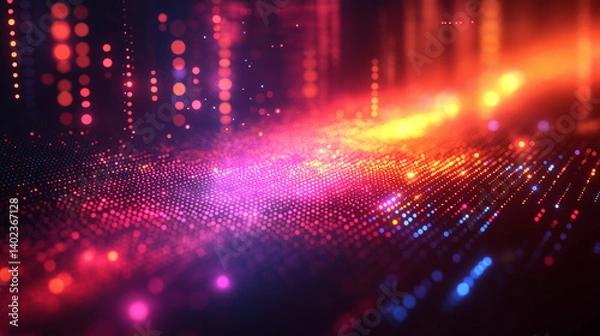 Fototapeta Abstract Digital Network: A captivating abstract digital landscape pulses with vibrant energy, showcasing a mesmerizing network of glowing particles and lines. The interplay of red, orange.