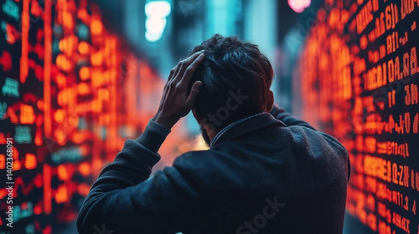 Fototapeta Stress in the City: A businessman stands amidst a glowing cityscape of digital numbers, hands on his head, overwhelmed by the pressure and uncertainty of the financial world.
