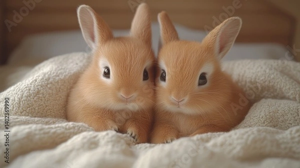 Fototapeta Two adorable baby bunnies nestled together in a soft blanket.