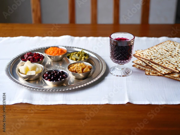 Fototapeta Passover side view table setting featuring a Seder plate, matzah, a cup of wine, and symbolic foods