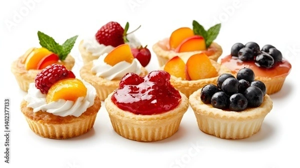 Fototapeta Assortment of Colorful Fruit Tarts with Cream and Fresh Berries on White Background