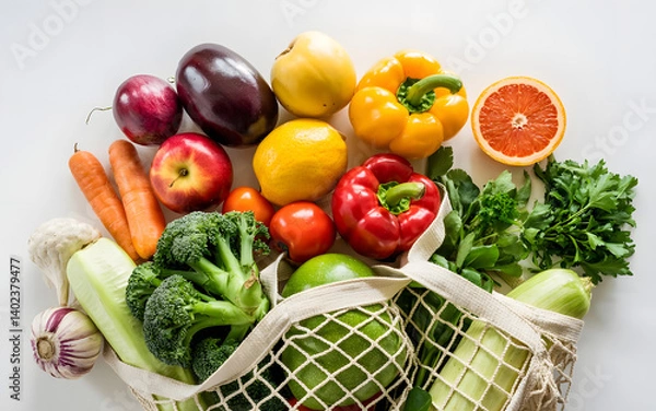 Obraz Vibrant Produce in Mesh Bag: A colorful assortment of fresh fruits and vegetables overflows from a reusable mesh shopping bag, showcasing a healthy and vibrant harvest.