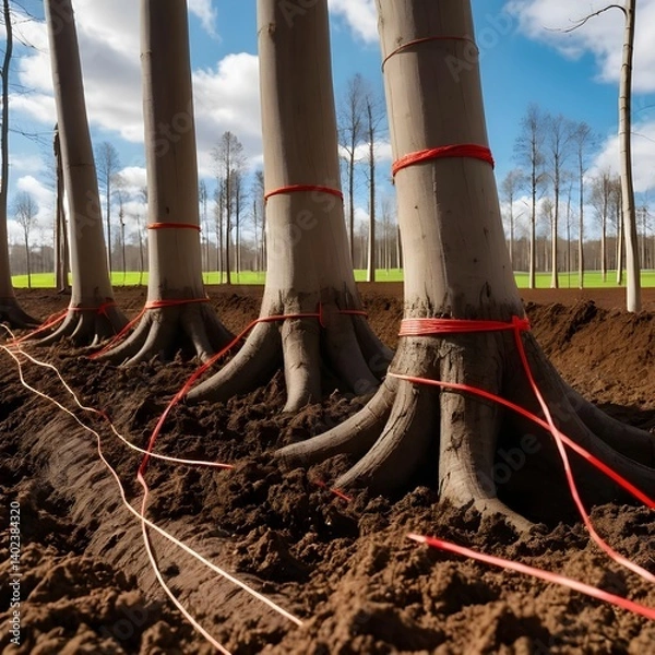 Obraz Newly Planted Trees Secured with Orange String