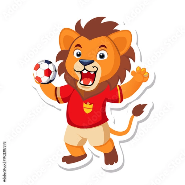 Fototapeta Roaring lion holding soccer ball in red uniform cartoon mascot style