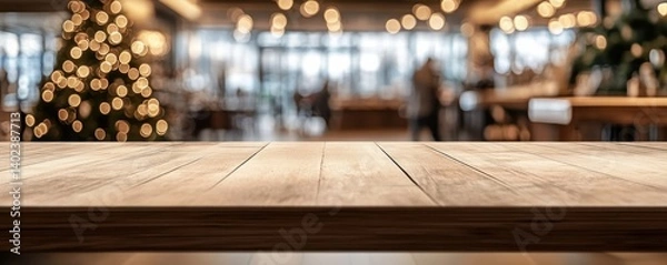 Fototapeta Rustic Wooden Tabletop in a Busy Cafe