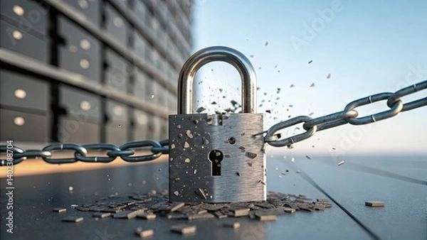 Fototapeta Cybersecurity Artificial Intelligence Machine Learning concept Secure padlock breaking free from chains in a safe environment.