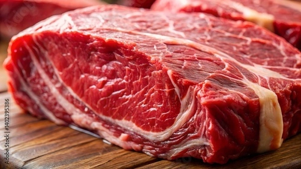 Obraz Raw Beef Meat – Showing Deep Red, Firm Muscle with Minimal Fat for Healthy Cooking

