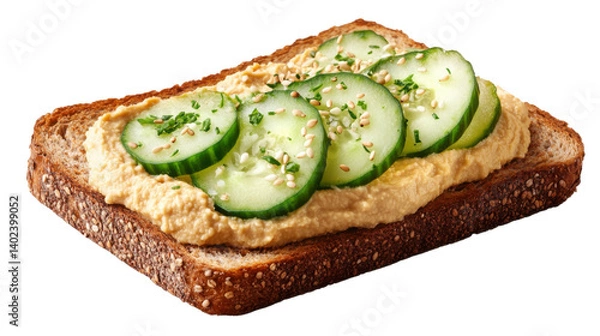 Obraz Hummus and Cucumber Toast: A simple yet satisfying vegan sandwich featuring a creamy hummus spread on toasted whole wheat bread, topped with fresh cucumber slices and sesame seeds.
