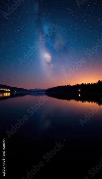 Obraz Starry night sky reflected in a calm lake, soft lights glow gently, picturesque, stars, photo